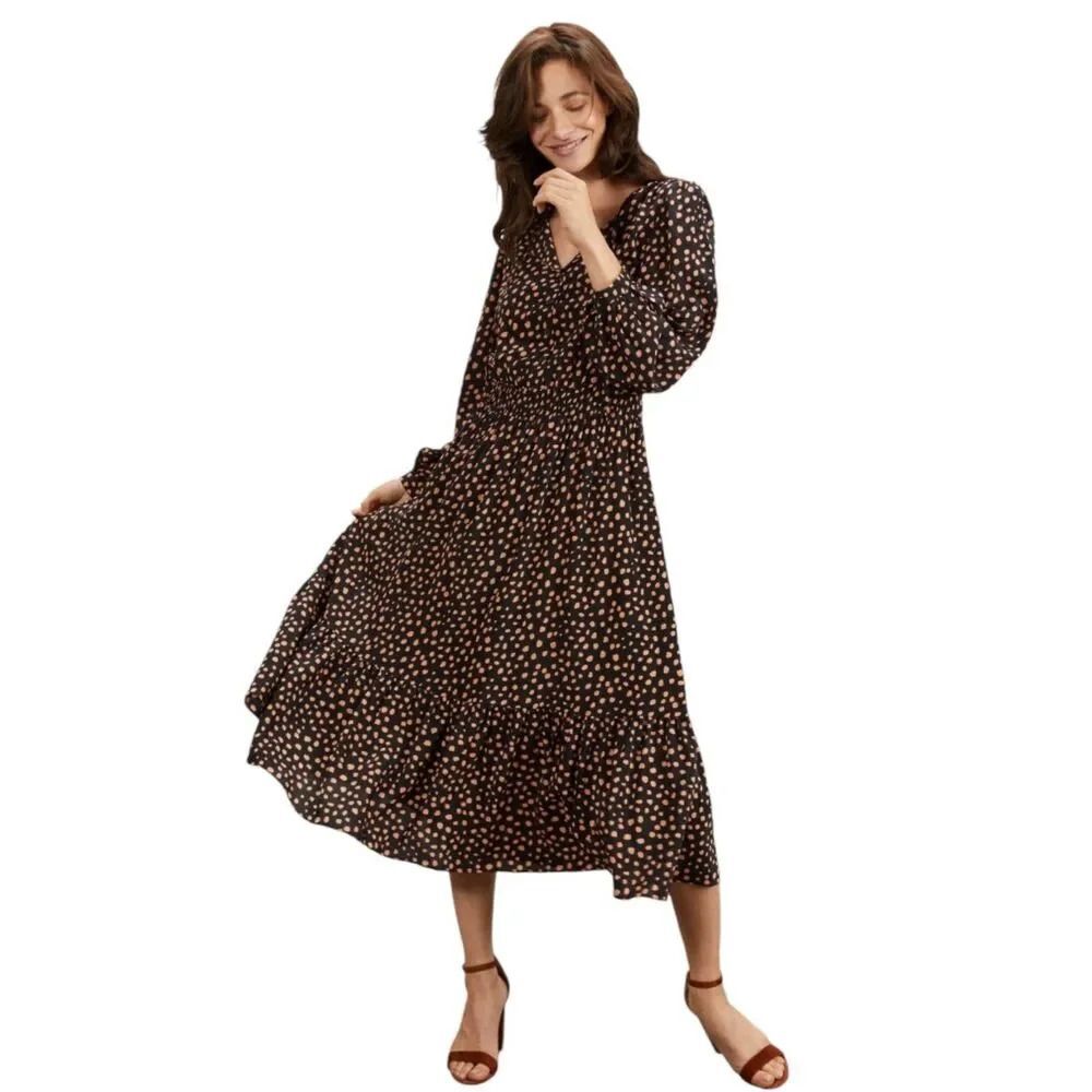 Tucker Juliette silk maxi midi dress. Black dots balloon long sleeves prairie XL